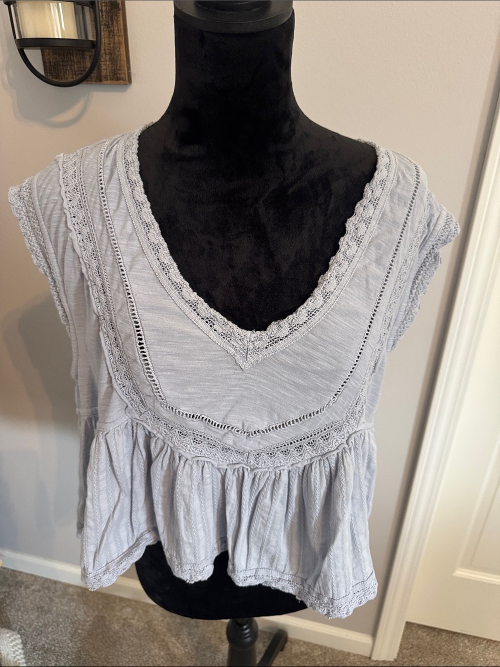 Pilcro Light Gray Lace-Trim V-Neck Peplum Top